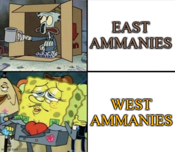 Poor Squidward vs Rich Spongebob | EAST AMMANIES; WEST AMMANIES | image tagged in poor squidward vs rich spongebob | made w/ Imgflip meme maker