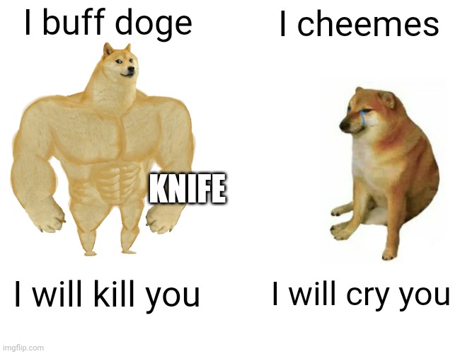 I buff doge I cheemes I will kill you I will cry you KNIFE | image tagged in memes,buff doge vs cheems | made w/ Imgflip meme maker