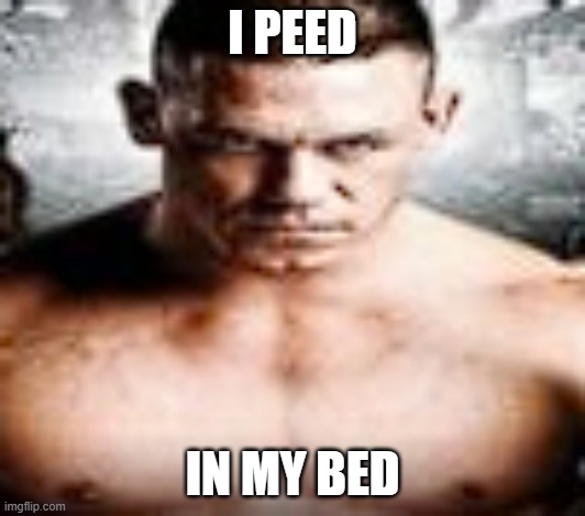 Some man from a John Cena poster | I PEED; IN MY BED | image tagged in some man from a john cena poster | made w/ Imgflip meme maker