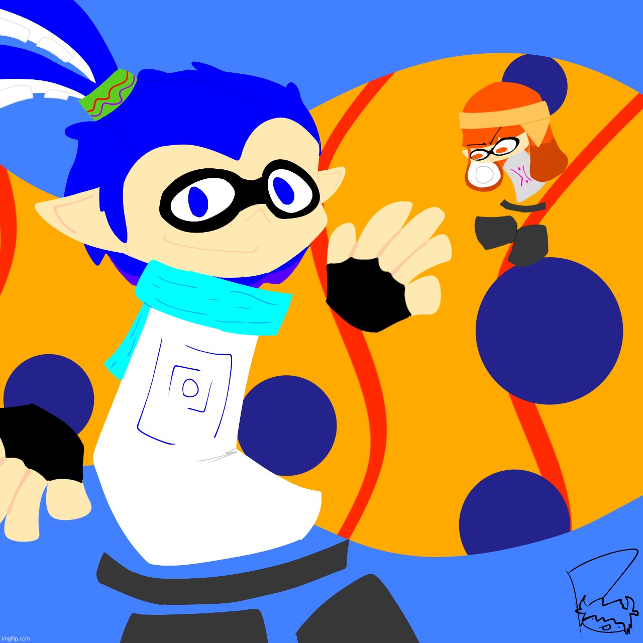 Indy (the blue one/inkling boy) and Zoomie (haha, smol) (the orange one/inkling girl) | made w/ Imgflip meme maker