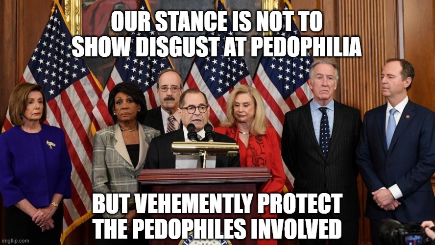 House Democrats | OUR STANCE IS NOT TO SHOW DISGUST AT PEDOPHILIA BUT VEHEMENTLY PROTECT THE PEDOPHILES INVOLVED | image tagged in house democrats | made w/ Imgflip meme maker