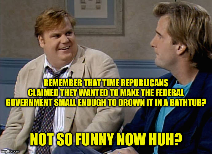 When they get done, remember that our armed forces are feds too. Guess they are good with killing that program too | REMEMBER THAT TIME REPUBLICANS CLAIMED THEY WANTED TO MAKE THE FEDERAL GOVERNMENT SMALL ENOUGH TO DROWN IT IN A BATHTUB? NOT SO FUNNY NOW HUH? | image tagged in remember that time | made w/ Imgflip meme maker