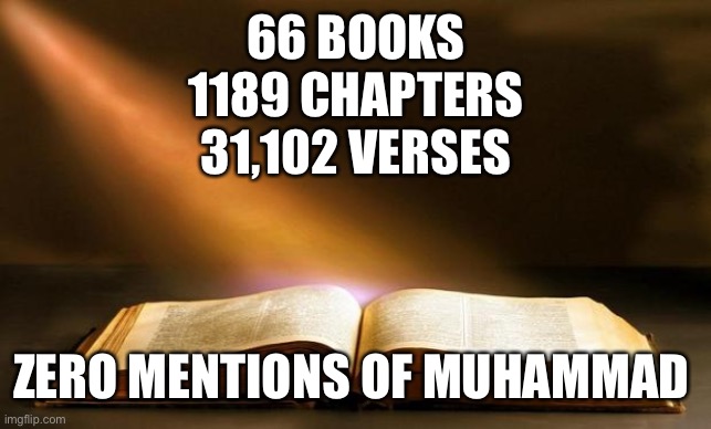 Muhammad: Nowhere to be Seen | 66 BOOKS
1189 CHAPTERS
31,102 VERSES; ZERO MENTIONS OF MUHAMMAD | image tagged in bible,holy bible,islam,muhammad,prophet | made w/ Imgflip meme maker