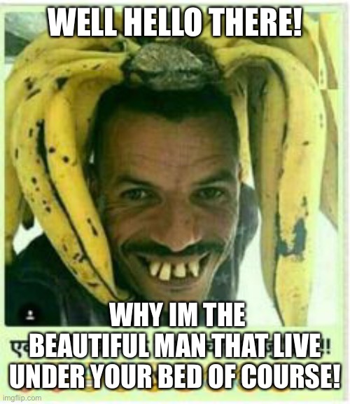 Funny man | WELL HELLO THERE! WHY IM THE BEAUTIFUL MAN THAT LIVE UNDER YOUR BED OF COURSE! | image tagged in low effort,funny | made w/ Imgflip meme maker