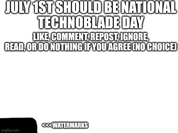 NATIONAL TECHNOBLADE DAY INBOUND (probably) | JULY 1ST SHOULD BE NATIONAL
TECHNOBLADE DAY; LIKE, COMMENT, REPOST, IGNORE, READ, OR DO NOTHING IF YOU AGREE (NO CHOICE); <<<WATERMARKS | image tagged in blank white template | made w/ Imgflip meme maker