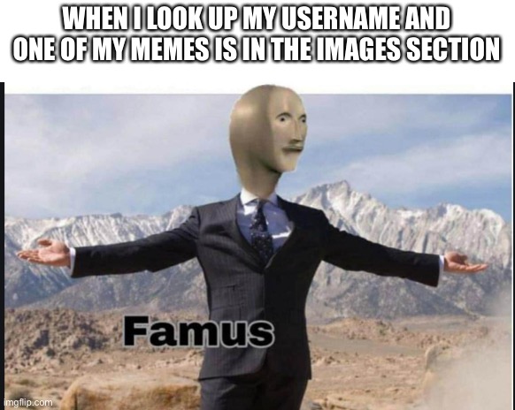 Famous | WHEN I LOOK UP MY USERNAME AND ONE OF MY MEMES IS IN THE IMAGES SECTION | image tagged in stonks famus | made w/ Imgflip meme maker