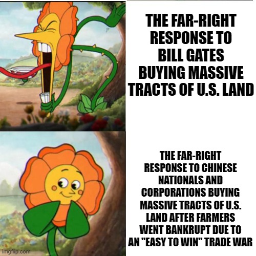 Cuphead Flower | THE FAR-RIGHT RESPONSE TO BILL GATES BUYING MASSIVE TRACTS OF U.S. LAND; THE FAR-RIGHT RESPONSE TO CHINESE NATIONALS AND CORPORATIONS BUYING MASSIVE TRACTS OF U.S. LAND AFTER FARMERS WENT BANKRUPT DUE TO AN "EASY TO WIN" TRADE WAR | image tagged in cuphead flower | made w/ Imgflip meme maker