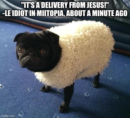 the ramen pug | "IT'S A DELIVERY FROM JESUS!" -LE IDIOT IN MIITOPIA, ABOUT A MINUTE AGO | image tagged in the ramen pug | made w/ Imgflip meme maker