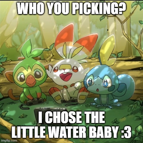 sobble is cutest starter | WHO YOU PICKING? I CHOSE THE LITTLE WATER BABY :3 | image tagged in switch starters | made w/ Imgflip meme maker