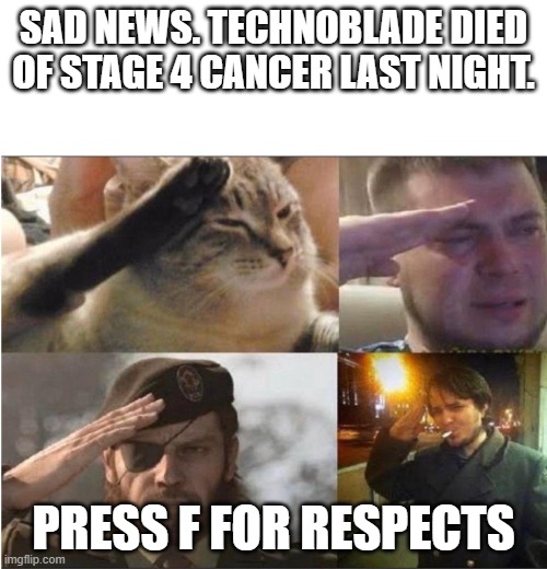 I believe you technoblade | SAD NEWS. TECHNOBLADE DIED OF STAGE 4 CANCER LAST NIGHT. PRESS F FOR RESPECTS | image tagged in the group salute | made w/ Imgflip meme maker