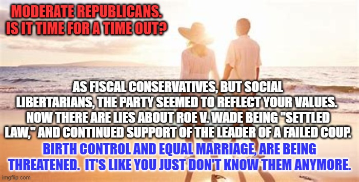 In November, take a break. If they value you, they'll come back. If not? | MODERATE REPUBLICANS. IS IT TIME FOR A TIME OUT? AS FISCAL CONSERVATIVES, BUT SOCIAL LIBERTARIANS, THE PARTY SEEMED TO REFLECT YOUR VALUES.  NOW THERE ARE LIES ABOUT ROE V. WADE BEING "SETTLED LAW," AND CONTINUED SUPPORT OF THE LEADER OF A FAILED COUP. BIRTH CONTROL AND EQUAL MARRIAGE, ARE BEING THREATENED.  IT'S LIKE YOU JUST DON'T KNOW THEM ANYMORE. | image tagged in politics | made w/ Imgflip meme maker