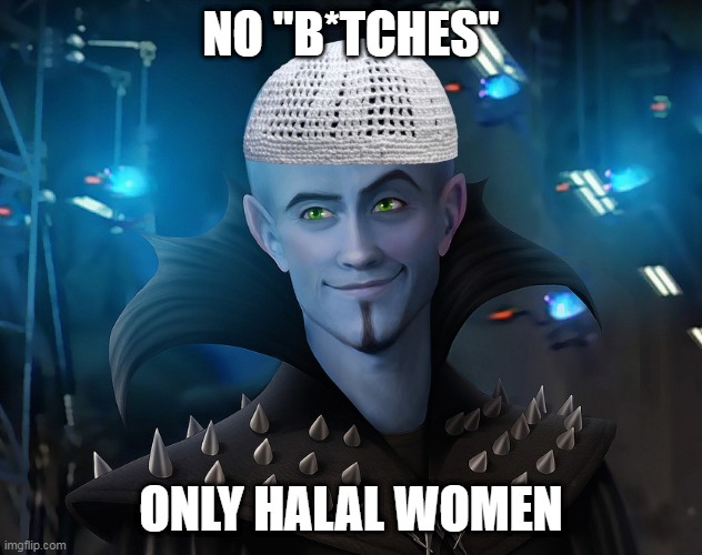 no bitches. | NO "B*TCHES"; ONLY HALAL WOMEN | image tagged in memes,funny,funny memes,funny meme,dank memes,megamind | made w/ Imgflip meme maker