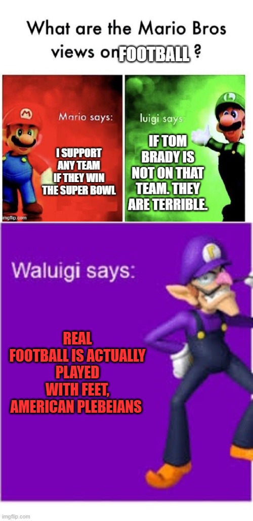 REAL FOOTBALL IS ACTUALLY PLAYED WITH FEET, AMERICAN PLEBEIANS | image tagged in mario broz misc views | made w/ Imgflip meme maker