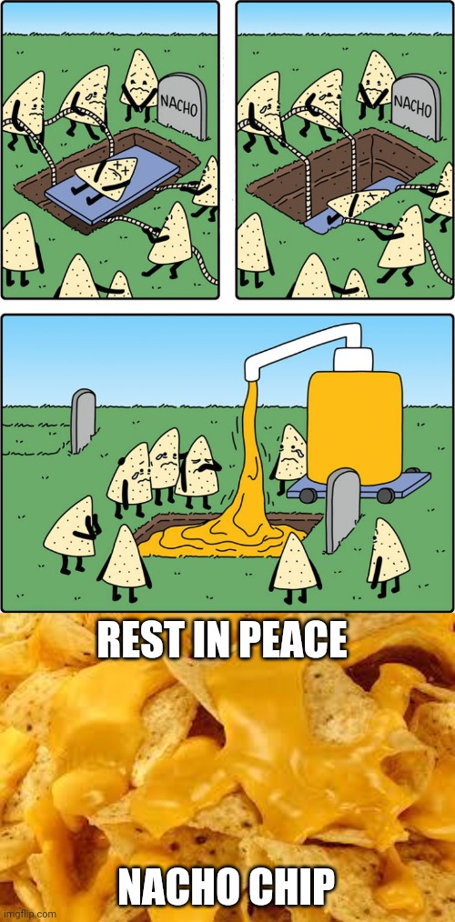 Nachos |  REST IN PEACE; NACHO CHIP | image tagged in why the horror of nachos,nachos,nacho,chips,memes,comics/cartoons | made w/ Imgflip meme maker