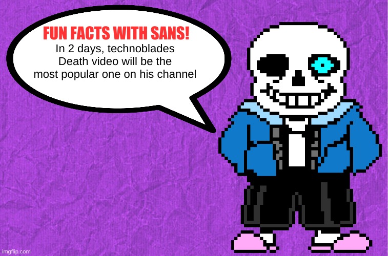 Update: 3 days later its 15 million more than "proof I don't auto-click" | In 2 days, technoblades Death video will be the most popular one on his channel | image tagged in fun facts with sans | made w/ Imgflip meme maker