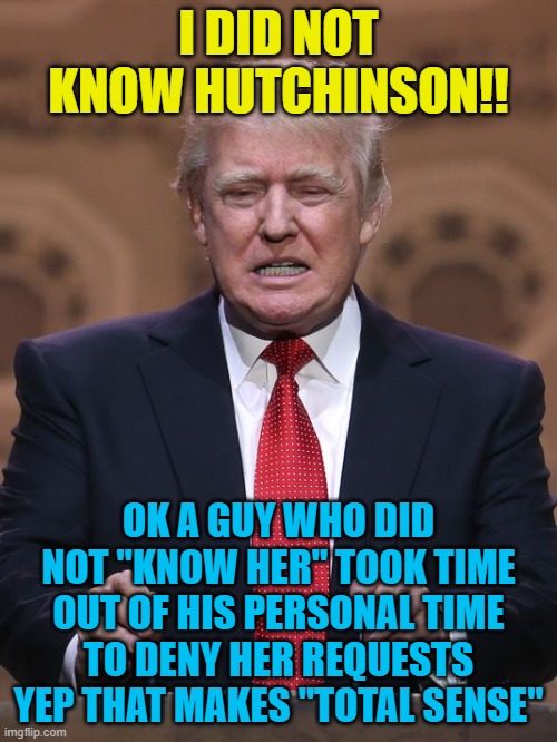 Donald Trump | I DID NOT KNOW HUTCHINSON!! OK A GUY WHO DID NOT "KNOW HER" TOOK TIME OUT OF HIS PERSONAL TIME TO DENY HER REQUESTS YEP THAT MAKES "TOTAL SENSE" | image tagged in donald trump | made w/ Imgflip meme maker