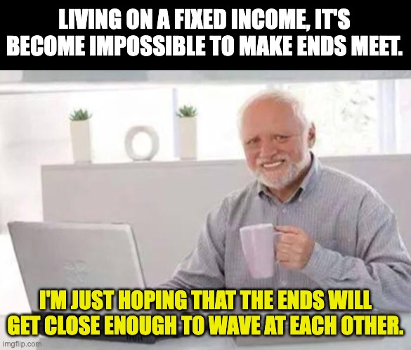 Tough times | LIVING ON A FIXED INCOME, IT'S BECOME IMPOSSIBLE TO MAKE ENDS MEET. I'M JUST HOPING THAT THE ENDS WILL GET CLOSE ENOUGH TO WAVE AT EACH OTHER. | image tagged in harold | made w/ Imgflip meme maker