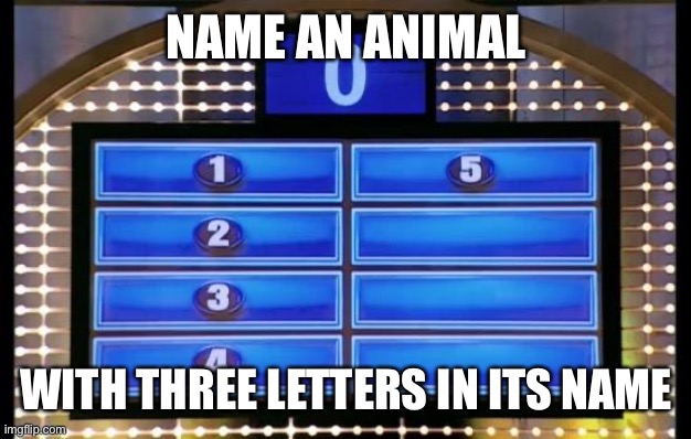 family feud | NAME AN ANIMAL; WITH THREE LETTERS IN ITS NAME | image tagged in family feud | made w/ Imgflip meme maker