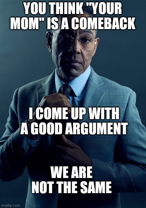 Gus Fring we are not the same | YOU THINK "YOUR MOM" IS A COMEBACK; I COME UP WITH A GOOD ARGUMENT; WE ARE NOT THE SAME | image tagged in gus fring we are not the same | made w/ Imgflip meme maker