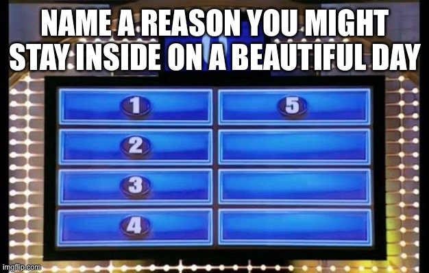 family feud | NAME A REASON YOU MIGHT STAY INSIDE ON A BEAUTIFUL DAY | image tagged in family feud | made w/ Imgflip meme maker