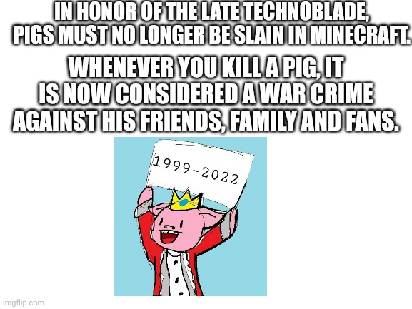 Gone too soon | IN HONOR OF THE LATE TECHNOBLADE, PIGS MUST NO LONGER BE SLAIN IN MINECRAFT. WHENEVER YOU KILL A PIG, IT IS NOW CONSIDERED A WAR CRIME AGAINST HIS FRIENDS, FAMILY AND FANS. 1999-2022 | image tagged in technoblade,minecraft,pigs | made w/ Imgflip meme maker