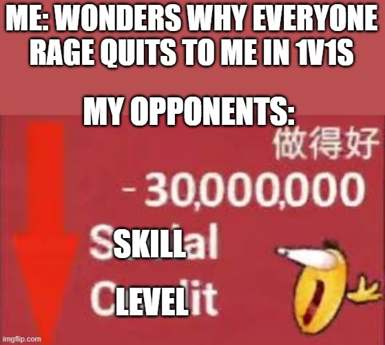 why everyone rage quit | ME: WONDERS WHY EVERYONE RAGE QUITS TO ME IN 1V1S; MY OPPONENTS:; SKILL; LEVEL | image tagged in social credit | made w/ Imgflip meme maker