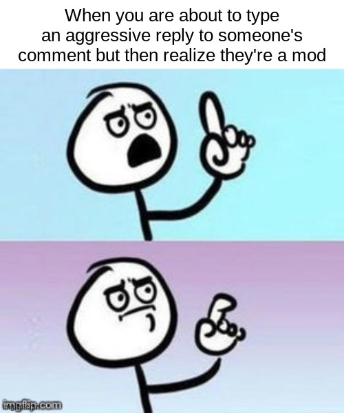 . | When you are about to type an aggressive reply to someone's comment but then realize they're a mod | made w/ Imgflip meme maker