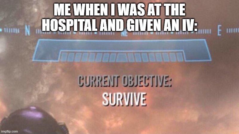 need a name for this | ME WHEN I WAS AT THE HOSPITAL AND GIVEN AN IV: | image tagged in current objective survive,meme | made w/ Imgflip meme maker