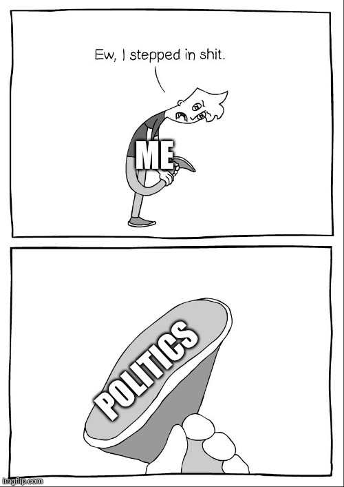 Ew, i stepped in shit | ME POLITICS | image tagged in ew i stepped in shit | made w/ Imgflip meme maker