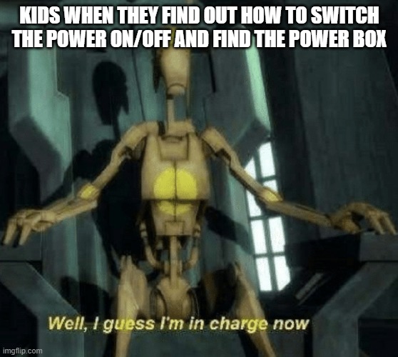 Well, I guess I'm in charge now. | KIDS WHEN THEY FIND OUT HOW TO SWITCH THE POWER ON/OFF AND FIND THE POWER BOX | image tagged in well i guess i'm in charge now | made w/ Imgflip meme maker