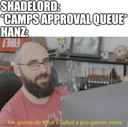 Pro Gamer move | SHADELORD: *CAMPS APPROVAL QUEUE*
HANZ: | image tagged in pro gamer move | made w/ Imgflip meme maker