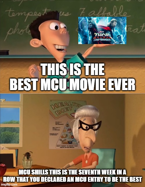 TBH I am not every excited for the MCU anymore | THIS IS THE BEST MCU MOVIE EVER; MCU SHILLS THIS IS THE SEVENTH WEEK IN A ROW THAT YOU DECLARED AN MCU ENTRY TO BE THE BEST | image tagged in jimmy neutron meme | made w/ Imgflip meme maker
