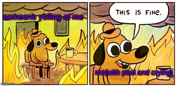 This Is Fine | someone yelling at me; me(with ptsd and crying) | image tagged in memes,this is fine | made w/ Imgflip meme maker