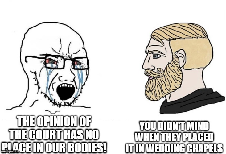Soyboy Vs Yes Chad | YOU DIDN'T MIND WHEN THEY PLACED IT IN WEDDING CHAPELS; THE OPINION OF THE COURT HAS NO PLACE IN OUR BODIES! | image tagged in soyboy vs yes chad | made w/ Imgflip meme maker