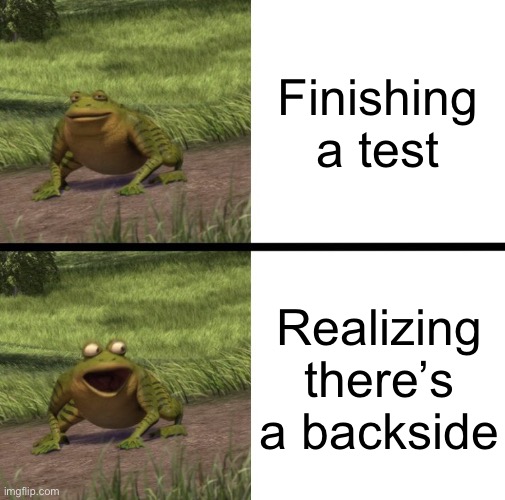 New template | Finishing a test; Realizing there’s a backside | image tagged in shrek frog | made w/ Imgflip meme maker