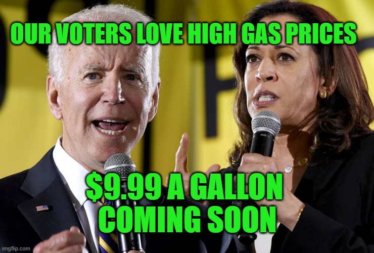 Biden Harris love their voters | OUR VOTERS LOVE HIGH GAS PRICES; $9.99 A GALLON 
COMING SOON | image tagged in biden harris | made w/ Imgflip meme maker