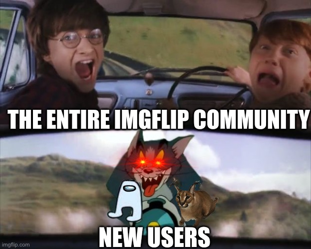 New users Be Like: | THE ENTIRE IMGFLIP COMMUNITY; NEW USERS | image tagged in tom chasing harry and ron weasly,new users,trending,funny,funny memes,fun | made w/ Imgflip meme maker