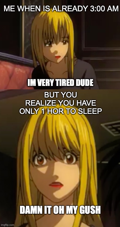 Panic Misa | ME WHEN IS ALREADY 3:00 AM; IM VERY TIRED DUDE; BUT YOU REALIZE YOU HAVE ONLY 1 HOR TO SLEEP; DAMN IT OH MY GUSH | image tagged in anime,funny,sleep,scared,memes | made w/ Imgflip meme maker