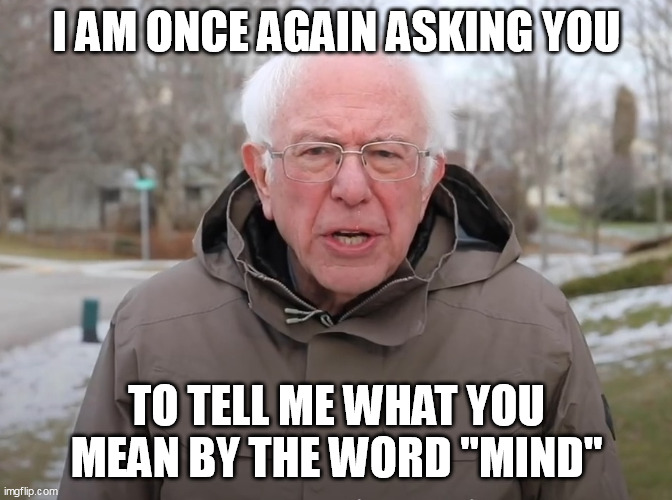 Bernie Sanders Once Again Asking | I AM ONCE AGAIN ASKING YOU; TO TELL ME WHAT YOU MEAN BY THE WORD "MIND" | image tagged in bernie sanders once again asking | made w/ Imgflip meme maker