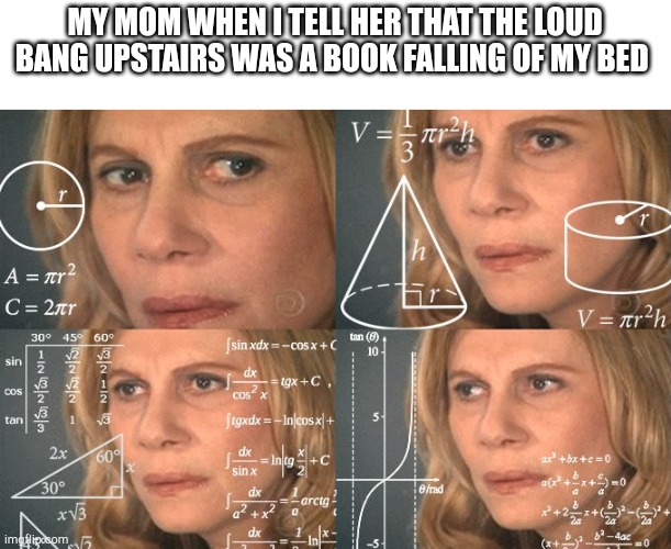 Calculating meme | MY MOM WHEN I TELL HER THAT THE LOUD BANG UPSTAIRS WAS A BOOK FALLING OF MY BED | image tagged in calculating meme | made w/ Imgflip meme maker