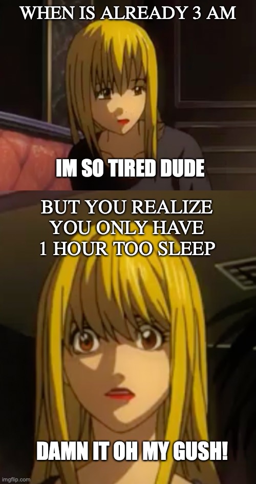 Panic Misa | WHEN IS ALREADY 3 AM; IM SO TIRED DUDE; BUT YOU REALIZE YOU ONLY HAVE 1 HOUR TOO SLEEP; DAMN IT OH MY GUSH! | image tagged in anime,panic,memes,funny,sleep,scared | made w/ Imgflip meme maker