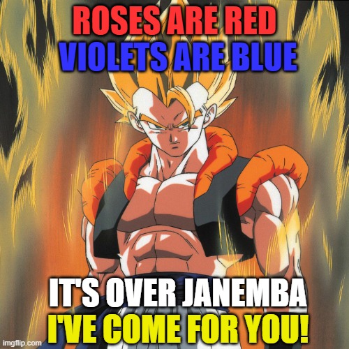 DBZ Gogeta | ROSES ARE RED; VIOLETS ARE BLUE; IT'S OVER JANEMBA; I'VE COME FOR YOU! | image tagged in dbz gogeta,roses are red violets are blue,dragon ball z,gogeta | made w/ Imgflip meme maker