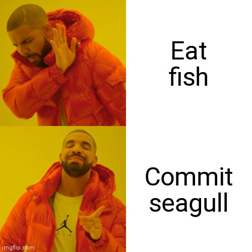 Drake Hotline Bling Meme |  Eat fish; Commit seagull | image tagged in memes,drake hotline bling | made w/ Imgflip meme maker