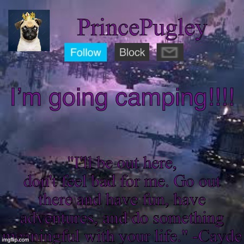 PrincePugley an. Tem. | I’m going camping!!!! | image tagged in princepugley an tem | made w/ Imgflip meme maker