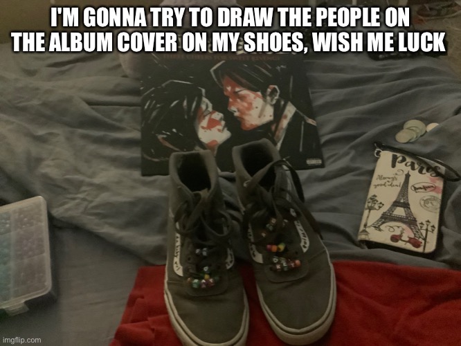 I'M GONNA TRY TO DRAW THE PEOPLE ON THE ALBUM COVER ON MY SHOES, WISH ME LUCK | made w/ Imgflip meme maker