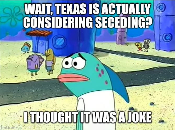 kinda hope they don't... | WAIT, TEXAS IS ACTUALLY CONSIDERING SECEDING? I THOUGHT IT WAS A JOKE | image tagged in spongebob i thought it was a joke,memes,texas | made w/ Imgflip meme maker