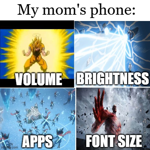 My mom's phone:; BRIGHTNESS; VOLUME; APPS; FONT SIZE | image tagged in blank white template,meme,mom,phone | made w/ Imgflip meme maker