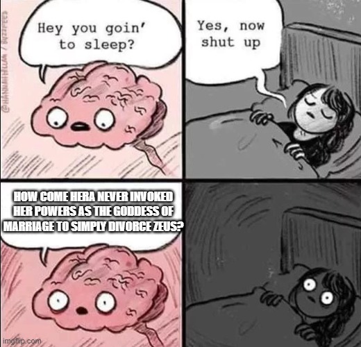 waking up brain | HOW COME HERA NEVER INVOKED HER POWERS AS THE GODDESS OF MARRIAGE TO SIMPLY DIVORCE ZEUS? | image tagged in waking up brain,history,greek mythology | made w/ Imgflip meme maker