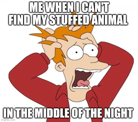 Panic | ME WHEN I CAN'T FIND MY STUFFED ANIMAL; IN THE MIDDLE OF THE NIGHT | image tagged in panic | made w/ Imgflip meme maker