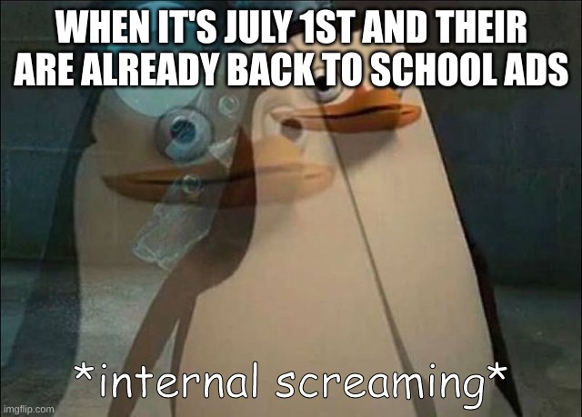 Image Title | WHEN IT'S JULY 1ST AND THEIR ARE ALREADY BACK TO SCHOOL ADS | image tagged in private internal screaming | made w/ Imgflip meme maker